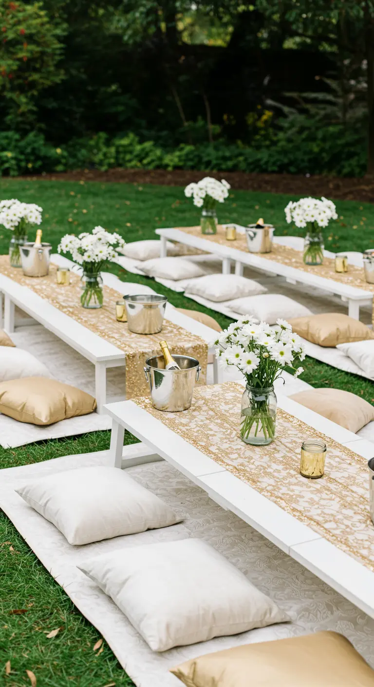 Pique-nique en plein air avec des tables basses blanches, des coussins et des chemins de table dorés.