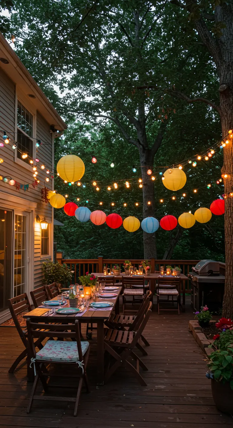 Terrasse en bois décorée pour une fête avec des lampions et guirlandes colorés.