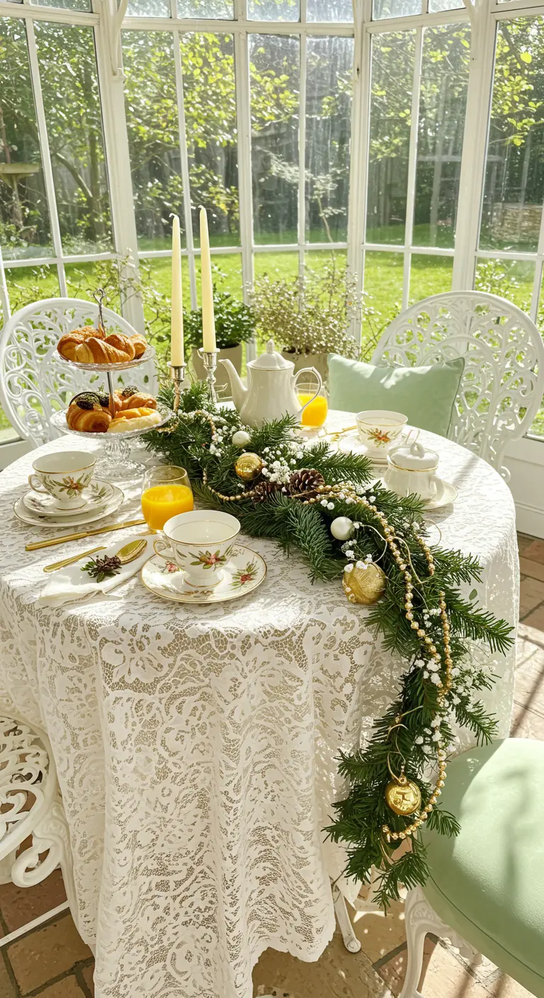 Table ronde avec nappe en dentelle, chemin de table sapin, perles dorées et vaisselle fine fleurie.