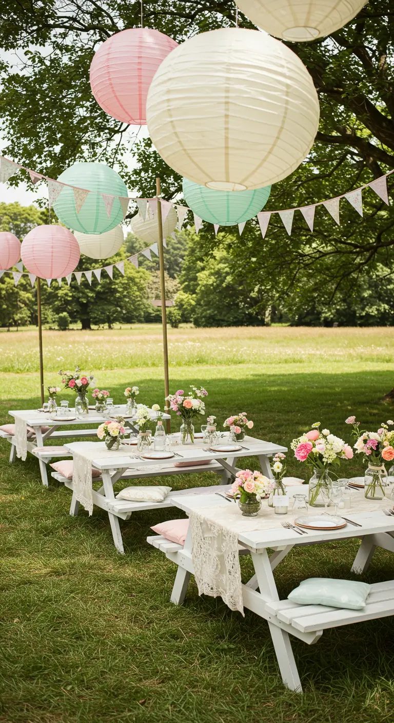 Garden party romantique avec tables de pique-nique blanches, lampions pastel, fanions et bouquets de fleurs.