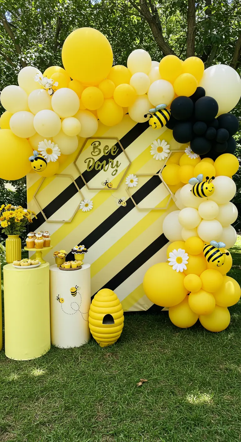 Décoration d'anniversaire sur le thème des abeilles avec des ballons jaunes.