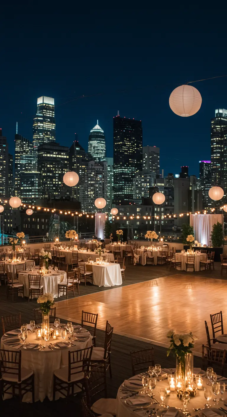 Une réception sur un toit la nuit avec des lampions en papier et vue sur la ville.