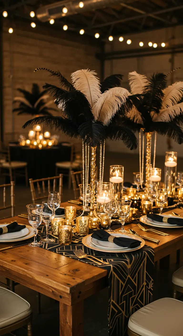 Table de réception Gatsby chic avec chemin de table Art Déco, plumes noires et blanches et bougies dorées.