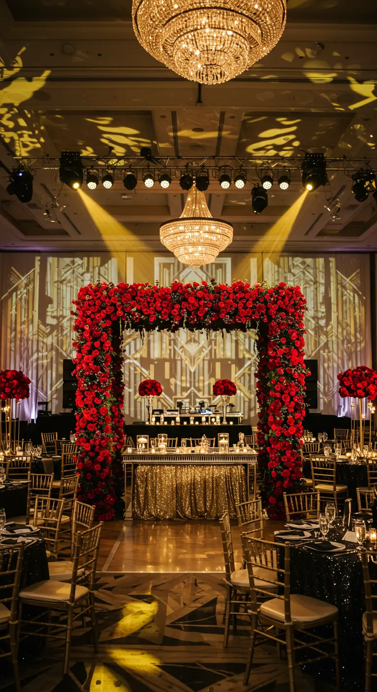 Arche rectangulaire géante de roses rouges dans une salle de réception Art Déco.