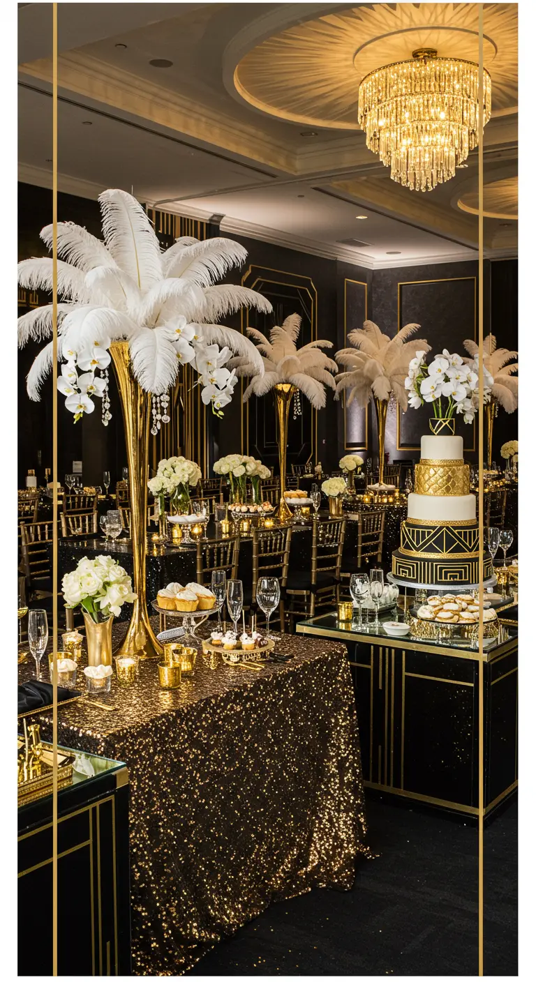 Salle de réception thème Gatsby avec nappes dorées, plumes d'autruche, orchidées et gâteaux à étages.