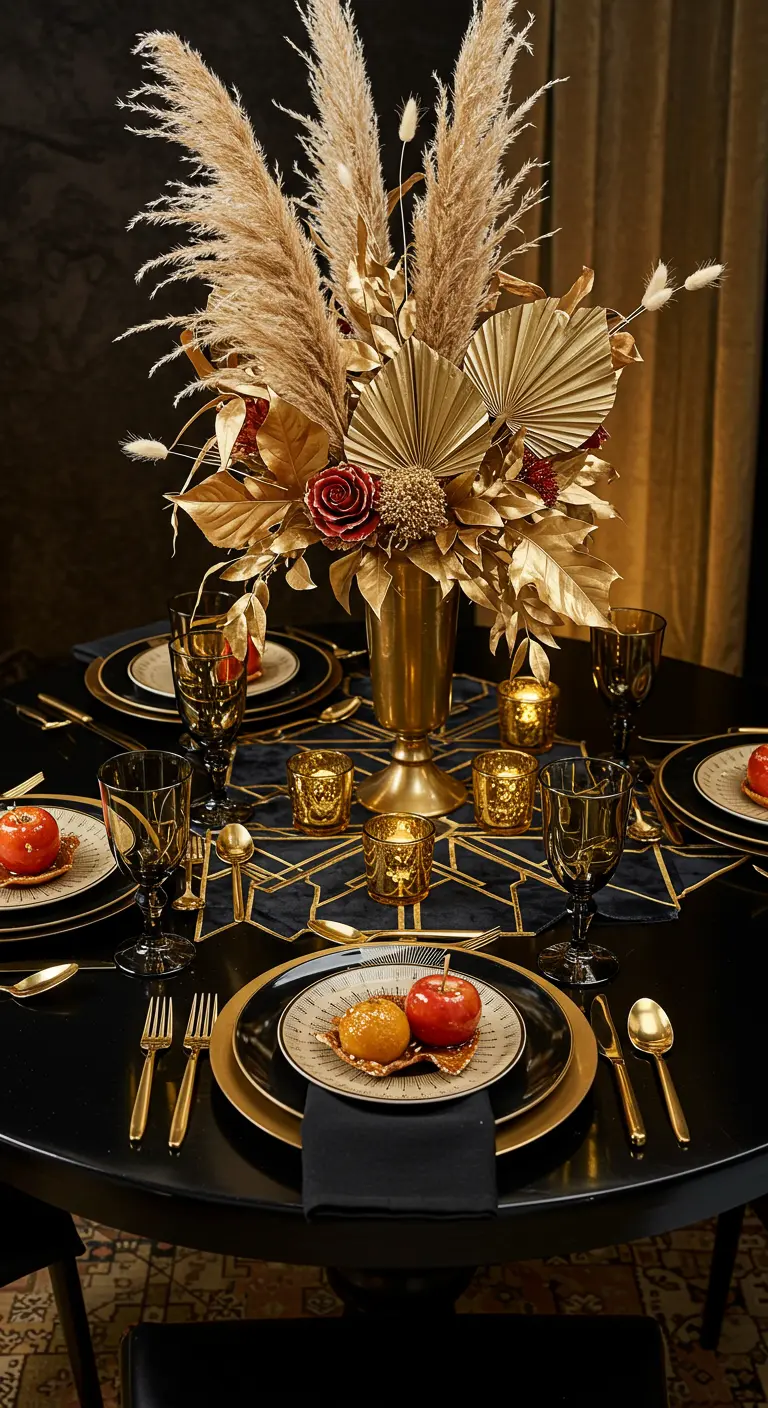 Table de soirée Art Déco noire et or avec des herbes de la pampa dorées.