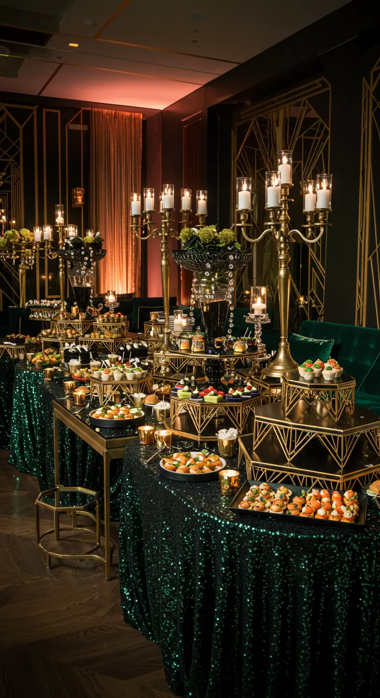 Buffet Art Déco avec nappes à paillettes vertes, supports dorés géométriques, ambiance feutrée.