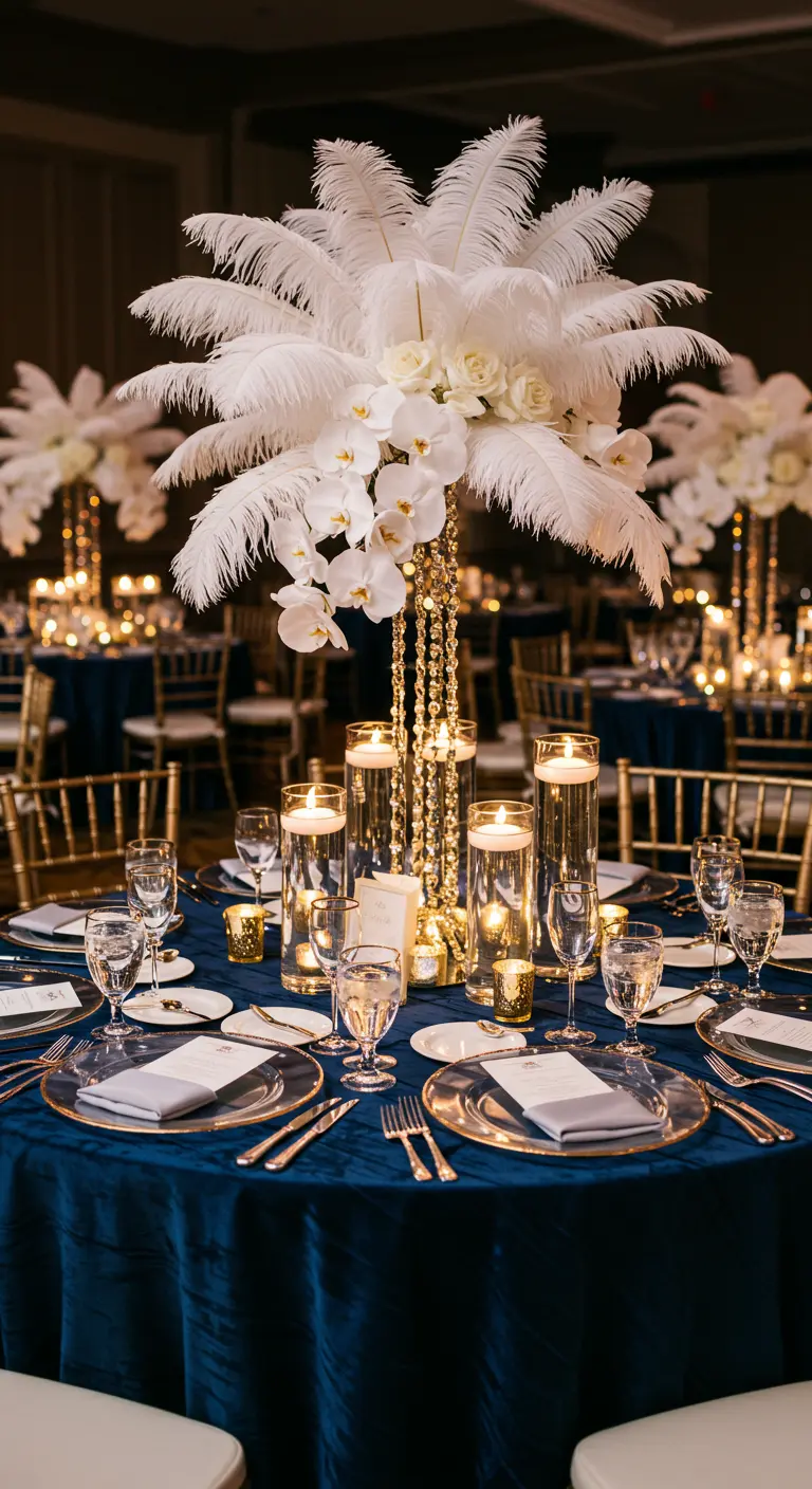 Centre de table spectaculaire avec plumes blanches sur une nappe bleu nuit.