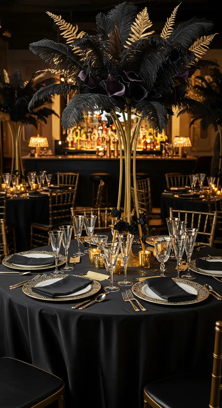 Centre de table spectaculaire avec des plumes d'autruche noires et dorées.