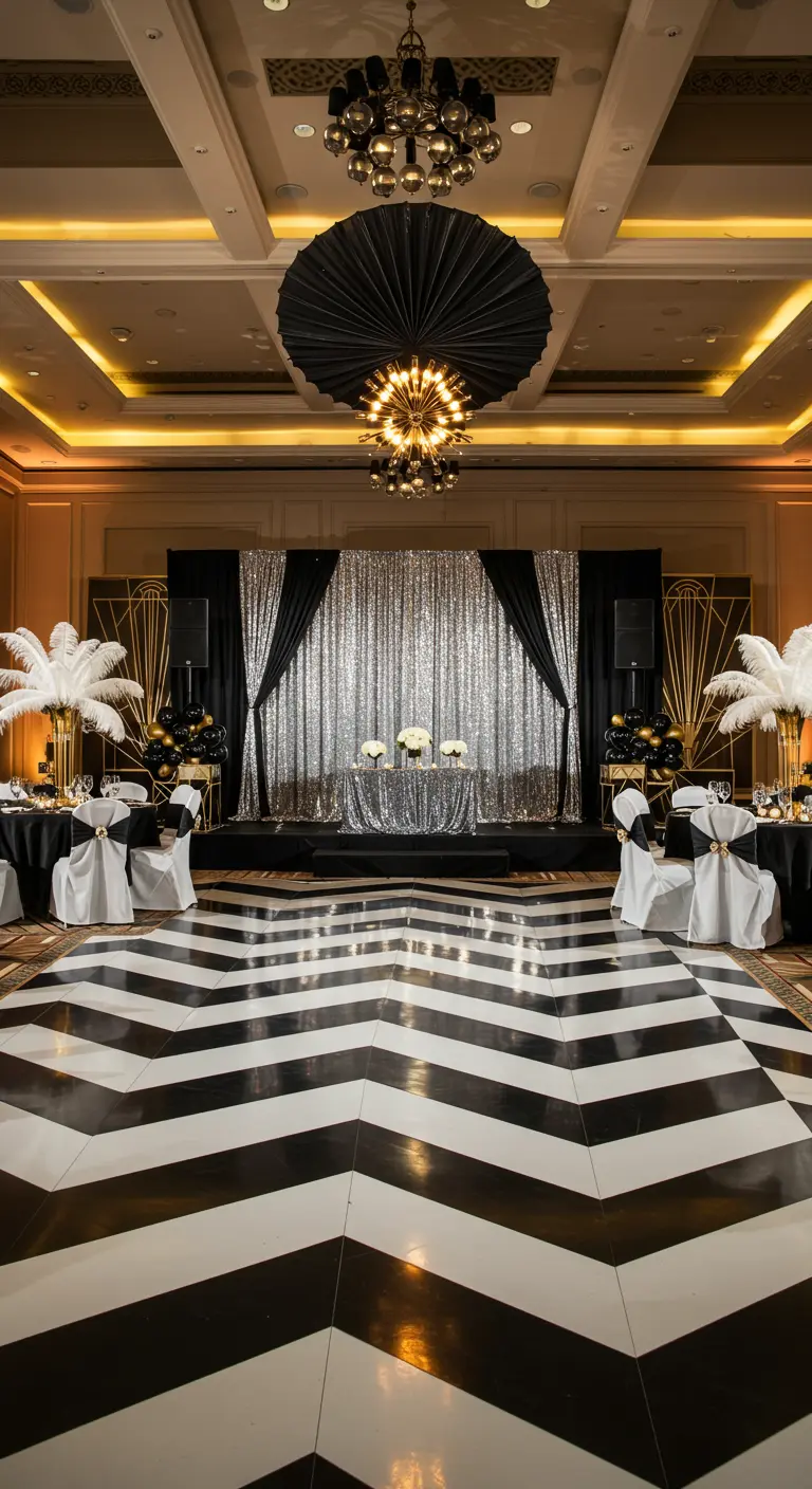 Salle Art Déco noire et blanche avec rideaux scintillants, plumes et piste de danse à chevrons.