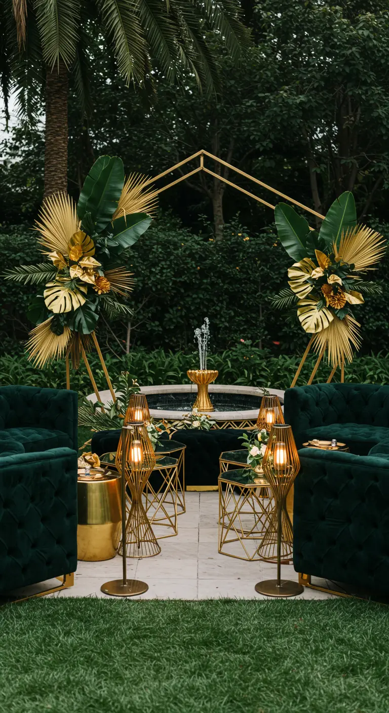 Décor tropical chic avec arche dorée, fauteuils en velours vert et feuilles d'or.