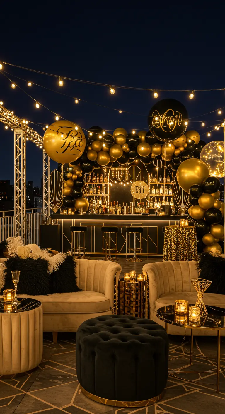Terrasse de toit thème Gatsby avec bar noir et or, mobilier velours et ballons.