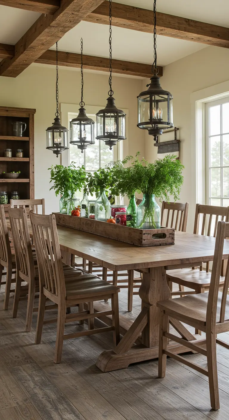 Longue table en bois rustique avec un grand bac en bois rempli d'herbes vertes et de bouteilles en verre décoratives.