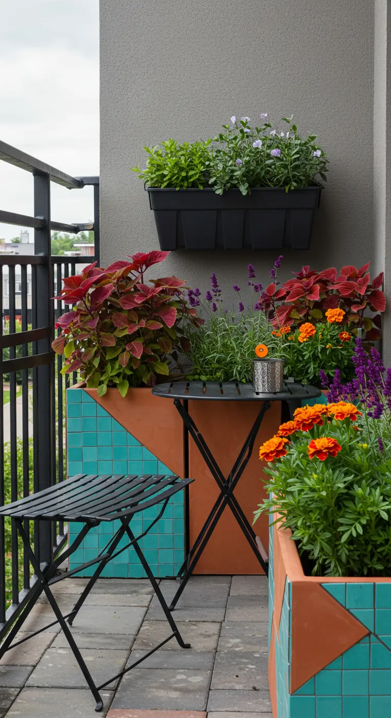 Balcon avec jardinières aux motifs géométriques turquoise et terracotta, coleus, lavande et mobilier pliant