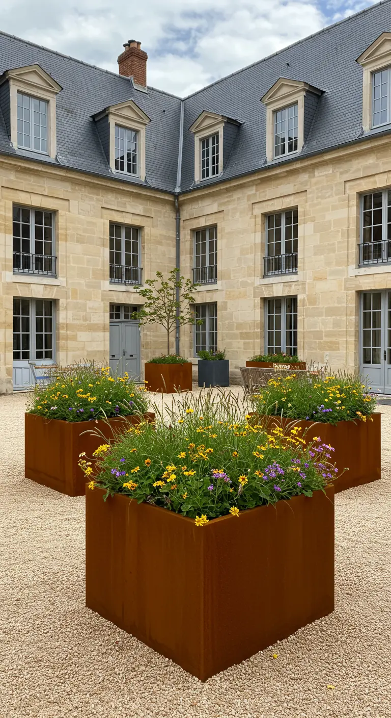 Trois jardinières cubiques en acier Corten dans une cour, remplies de fleurs.