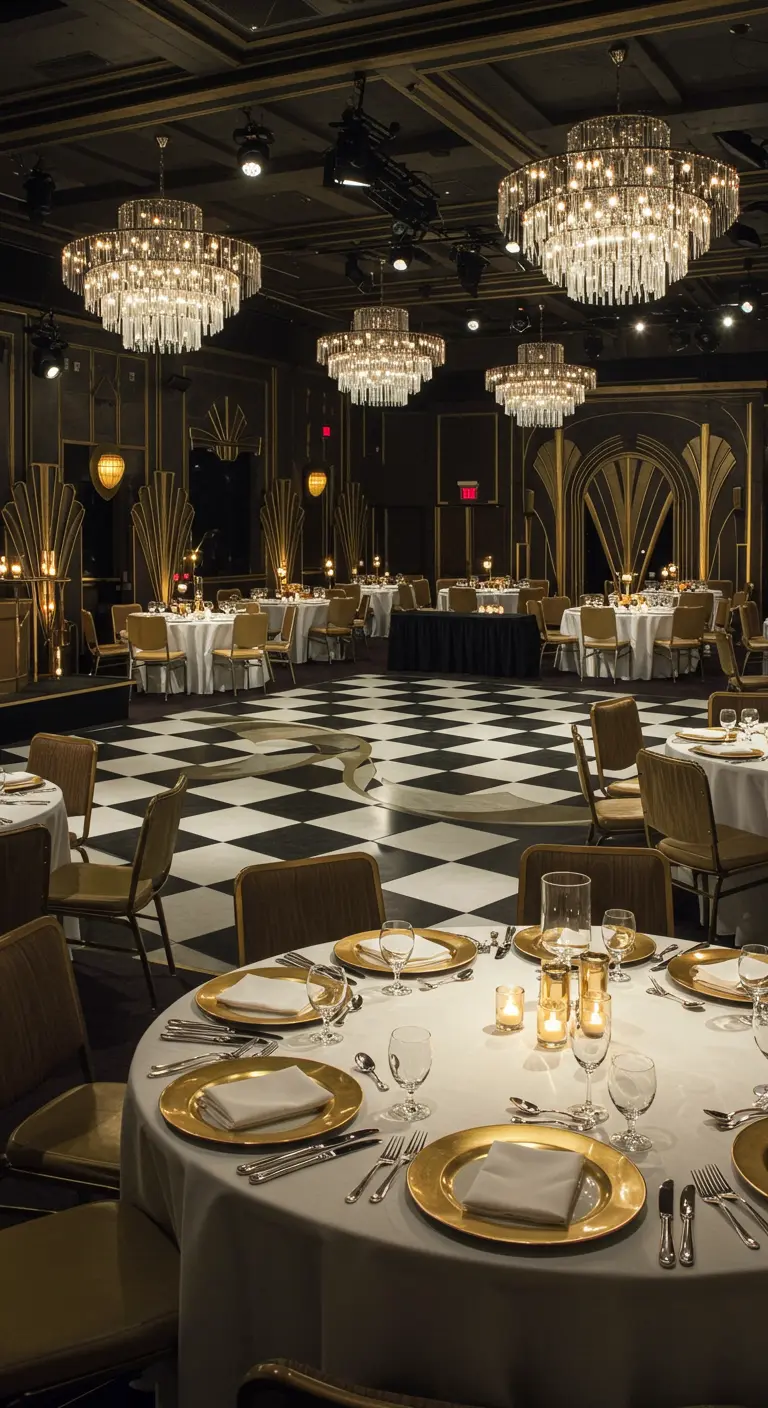Salle de réception Art déco avec un sol en damier et des touches dorées.