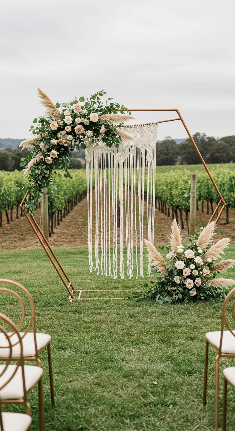 Arche hexagonale en cuivre avec une guirlande florale et un macramé dans un vignoble.