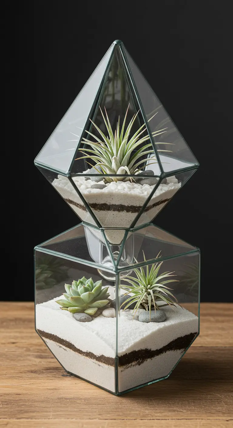 Terrariums géométriques empilés avec plantes aériennes, succulente, sable et gravier.