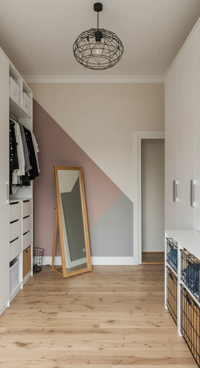 Dressing avec mur peint en motifs géométriques, miroir en bois et penderies blanches.