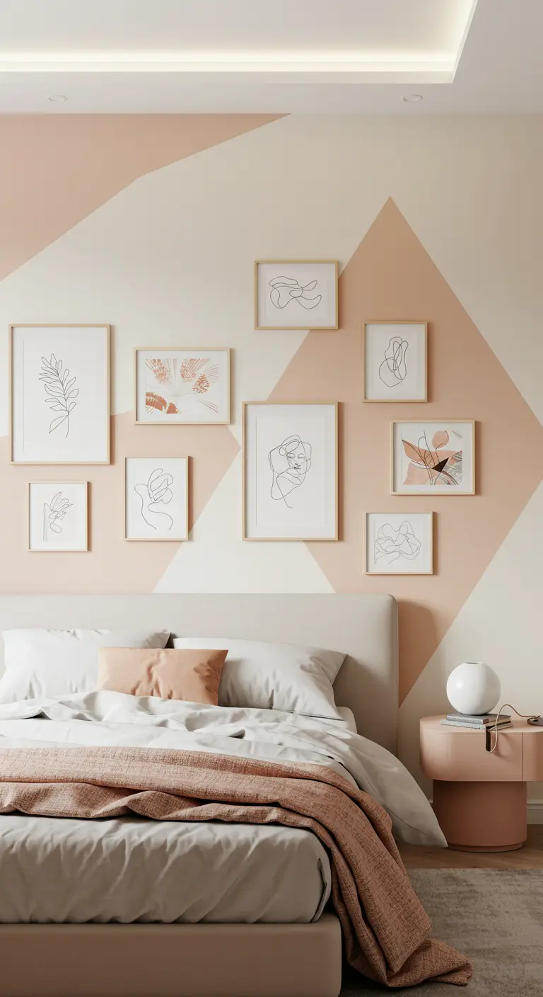 Mur bicolore avec motifs géométriques peints et cadres en bois clair d'art linéaire.