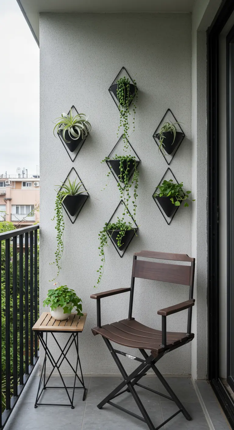 Jardinières géométriques noires avec plantes retombantes sur un mur blanc de balcon.
