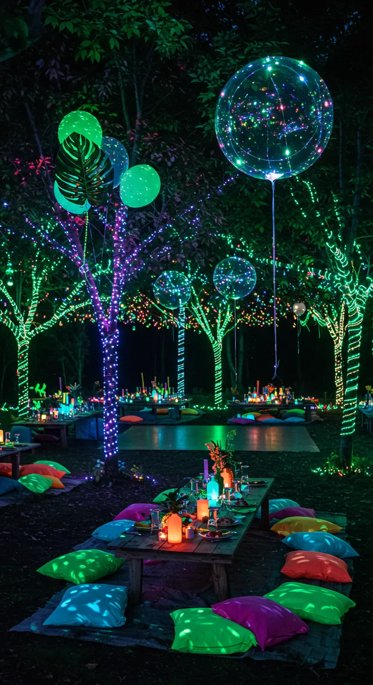 Salle de fête au thème géométrique avec des néons roses, des cubes lumineux et des ballons métallisés.