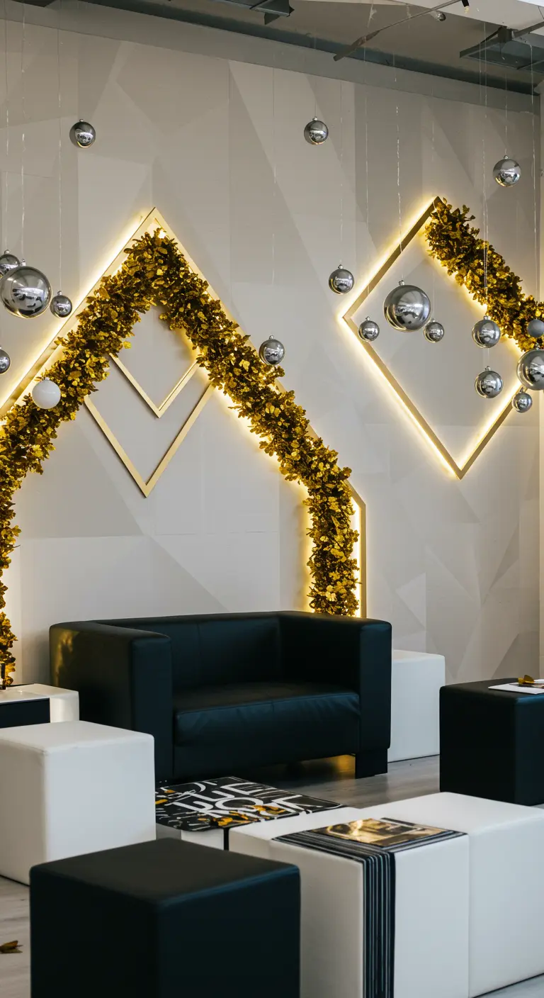 Mur blanc avec des cadres géométriques lumineux dorés, guirlandes et boules argentées, avec un fauteuil noir.