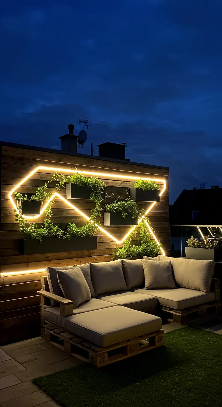 Terrasse urbaine de nuit avec canapé en palettes, jardinières et éclairage LED géométrique sur mur.