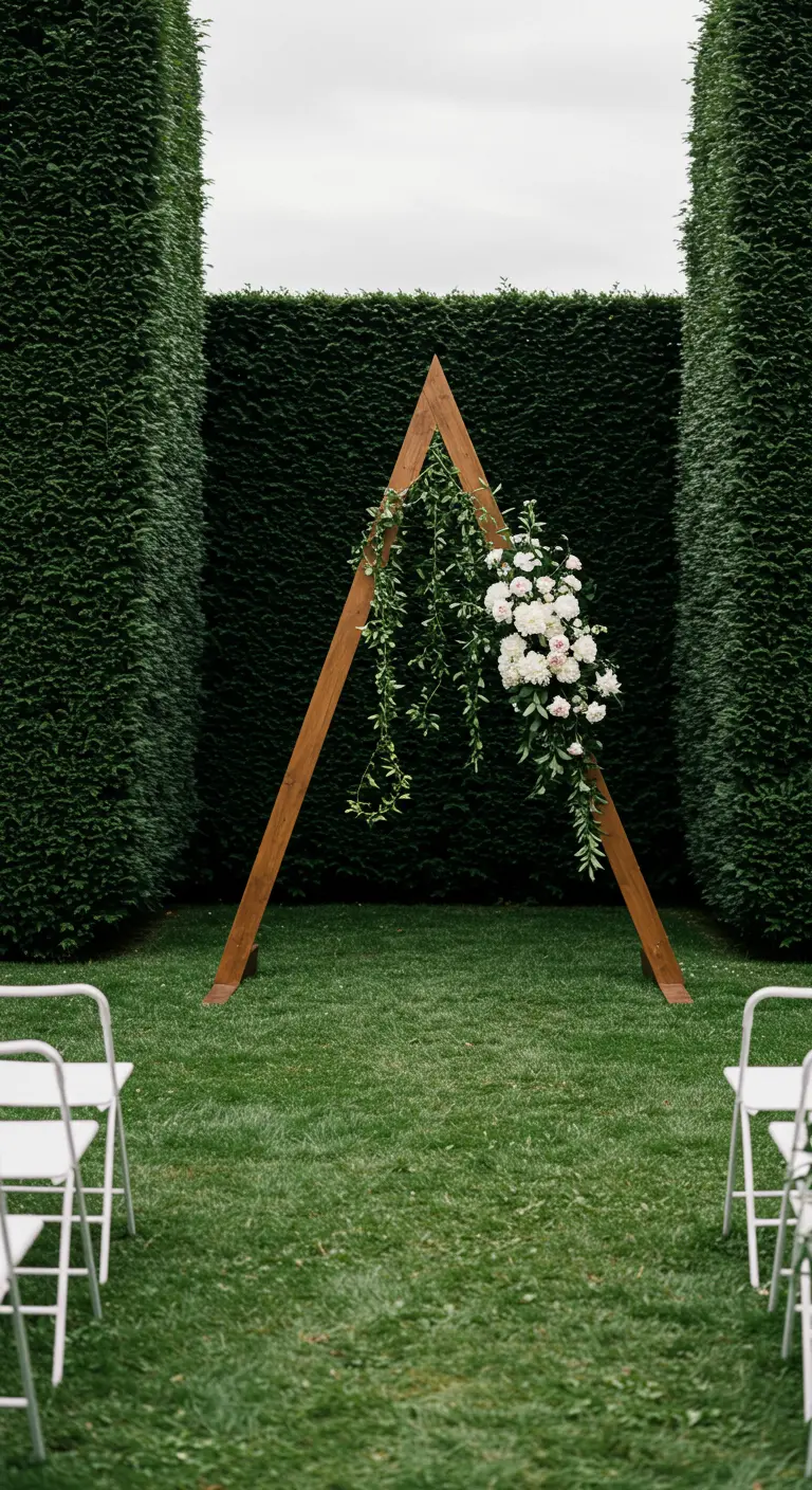 Arche de mariage triangulaire en bois minimaliste avec des fleurs blanches asymétriques.
