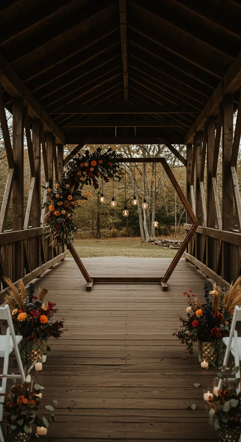 Arche hexagonale en bois sur un pont couvert, décorée de fleurs et d'ampoules.