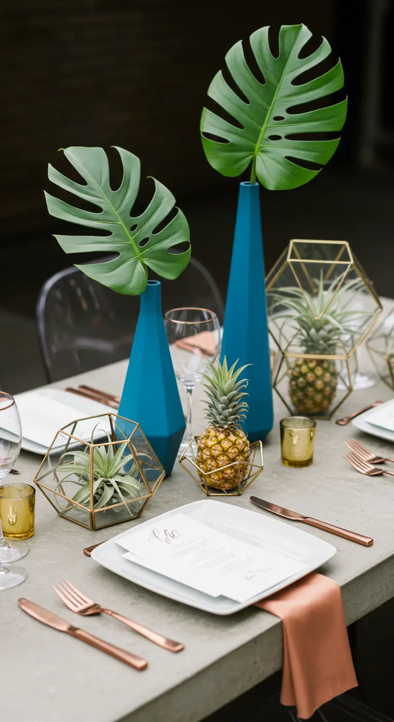 Table moderne avec vases bleus, terrariums dorés et mini-ananas.
