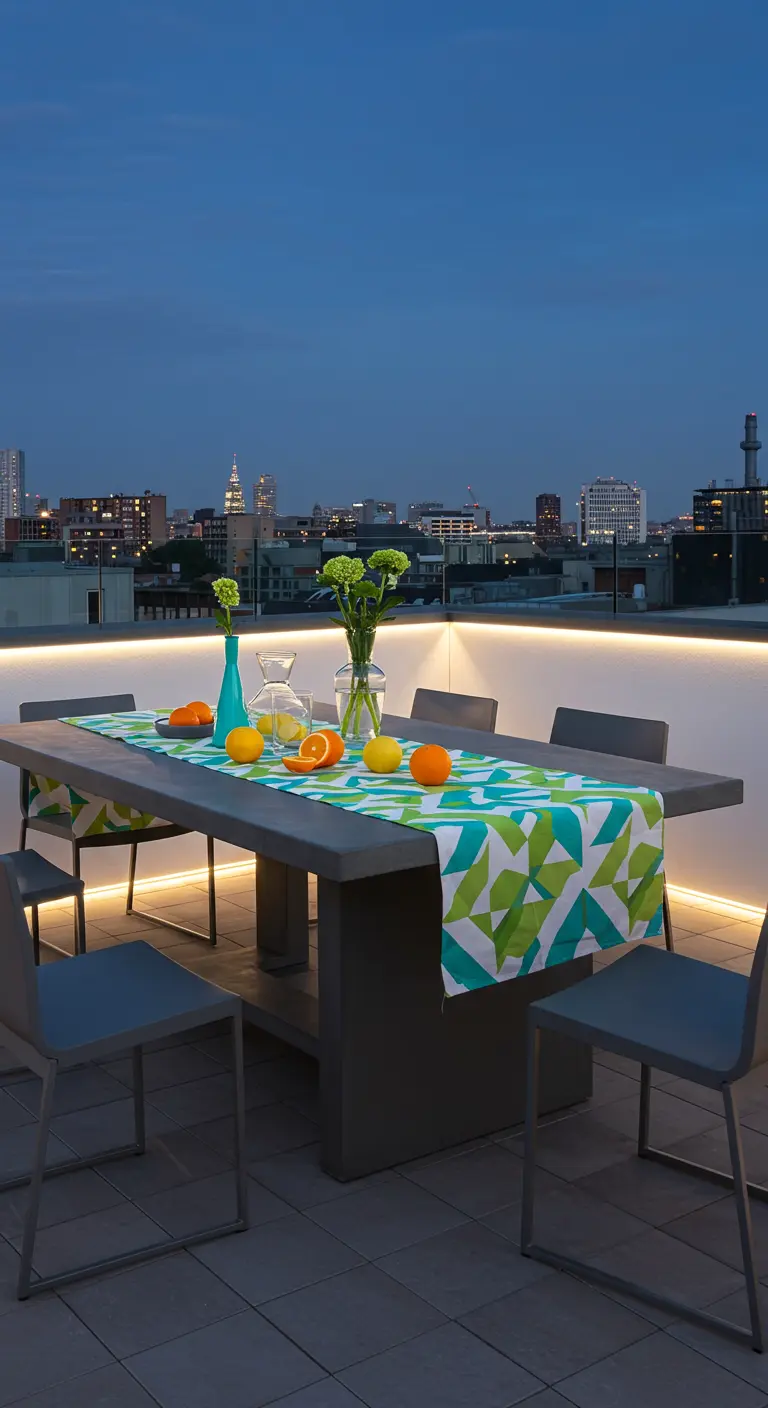 Table de toit moderne avec chemin de table géométrique, éclairage LED discret et skyline en arrière-plan.