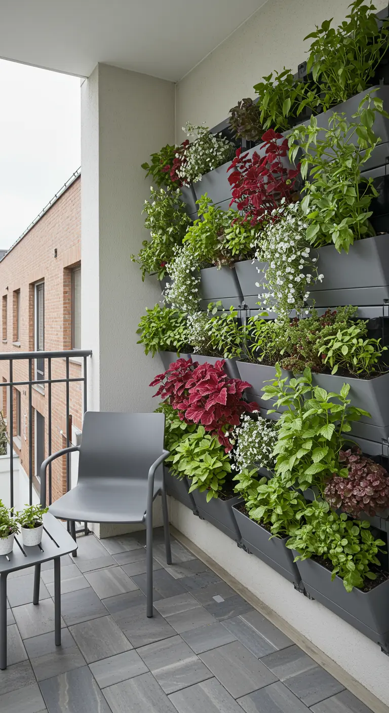 Mur végétal modulable gris incliné avec diverses plantes, dont des coleus rouges et des fleurs blanches.