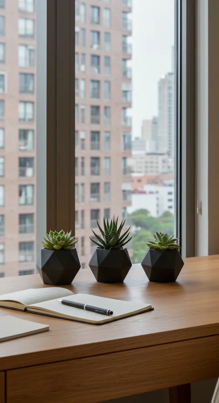 Trois pots noirs géométriques avec des succulentes sur un bureau en bois près d'une fenêtre urbaine.