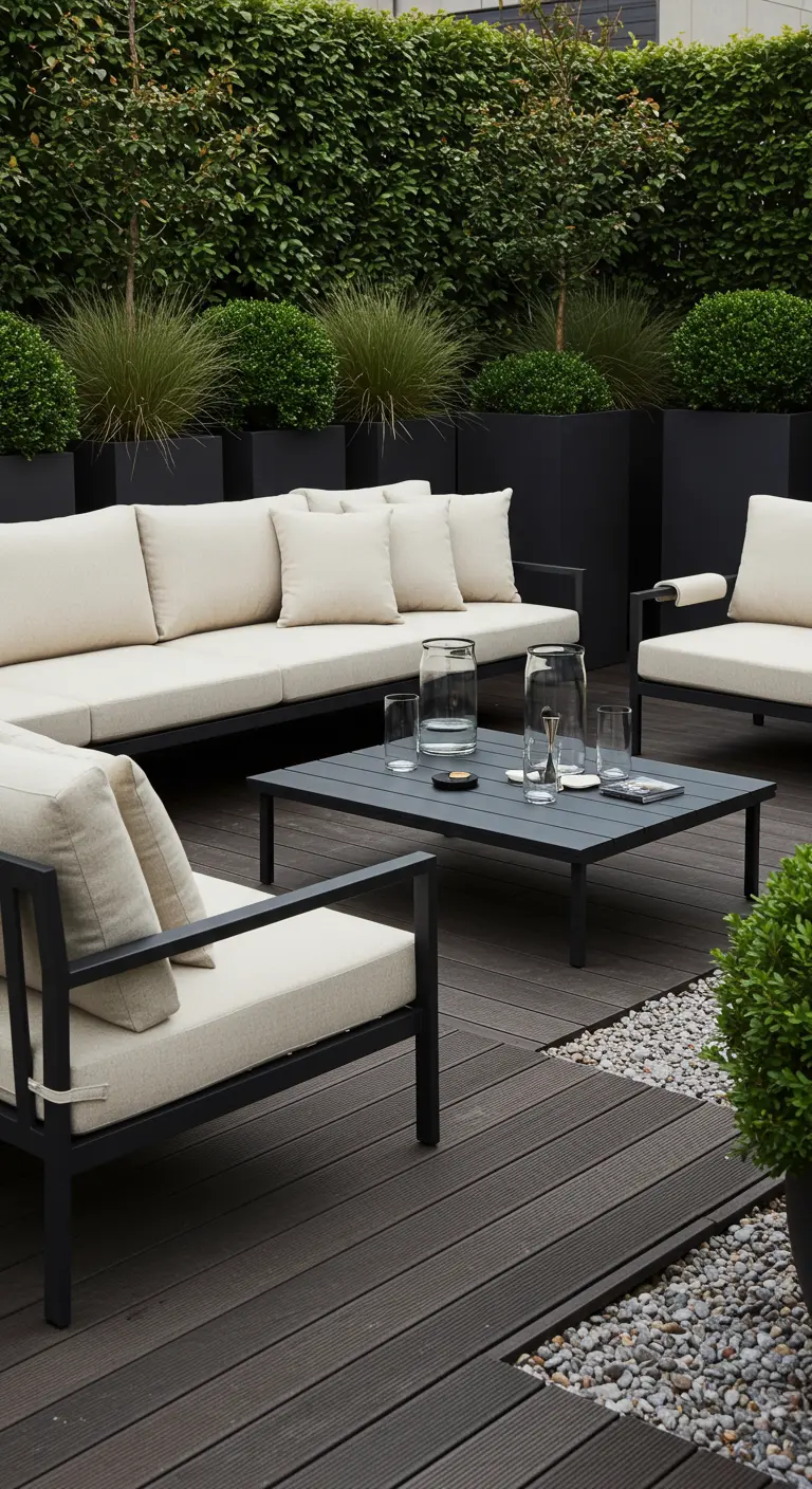 Salon de jardin moderne noir et écru sur une terrasse avec des jardinières noires et du gravier.