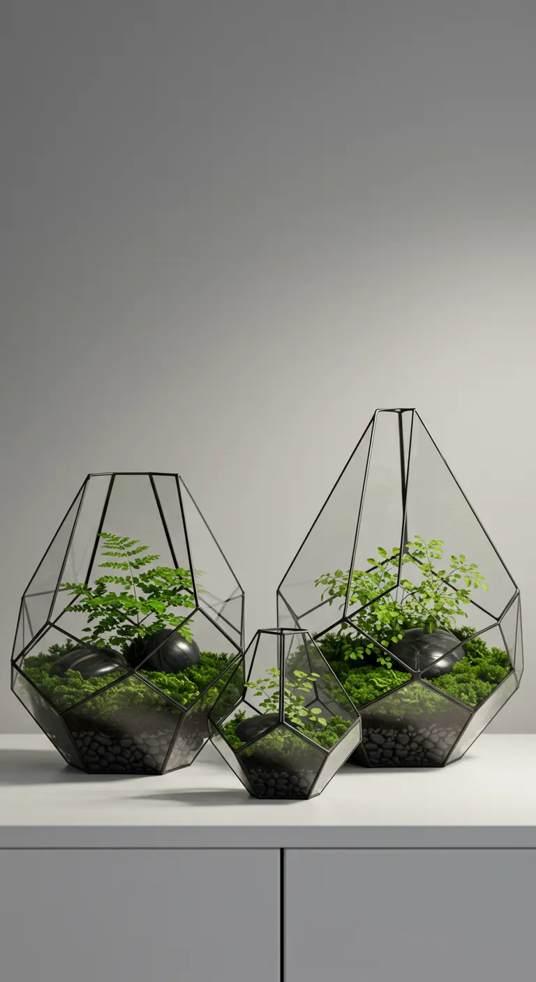 Trois terrariums géométriques noirs avec fougères, mousse et galets sombres sur un meuble blanc.