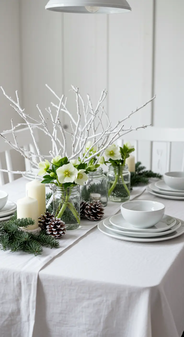 Centre de table blanc avec des branches peintes, des fleurs blanches dans des bocaux et des pommes de pin.