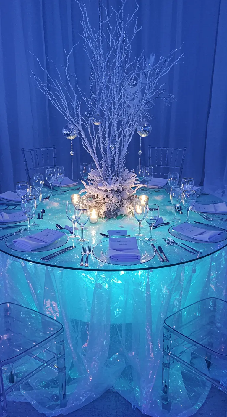 Table de fête sur le thème de l'hiver avec un éclairage bleu sous une table en verre.