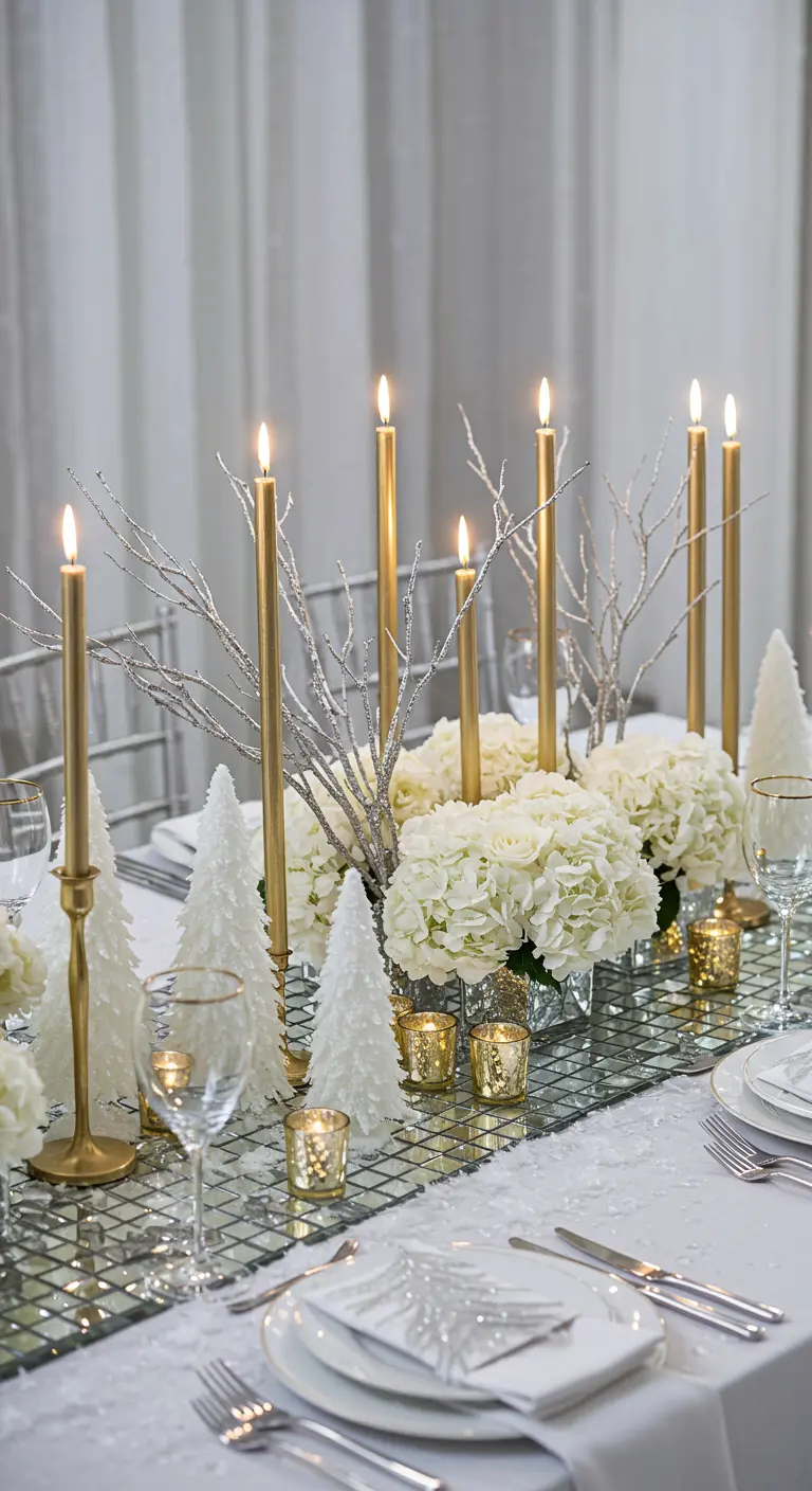 Table de Noël blanche et argentée avec un chemin de table miroir, des branches et des fleurs blanches.