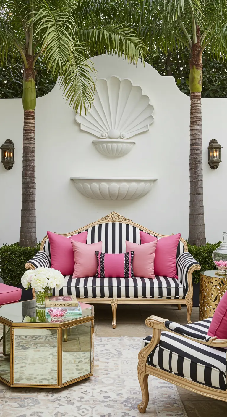 Patio glamour avec fontaine en forme de coquillage et canapé à rayures noires et blanches.