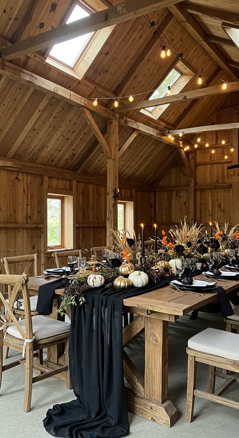 Table de ferme en bois décorée pour Halloween avec un chemin de table noir.
