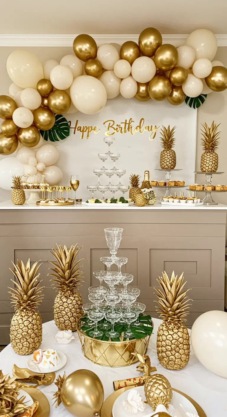 Buffet de fête avec une pyramide de champagne, des ananas dorés et des ballons.