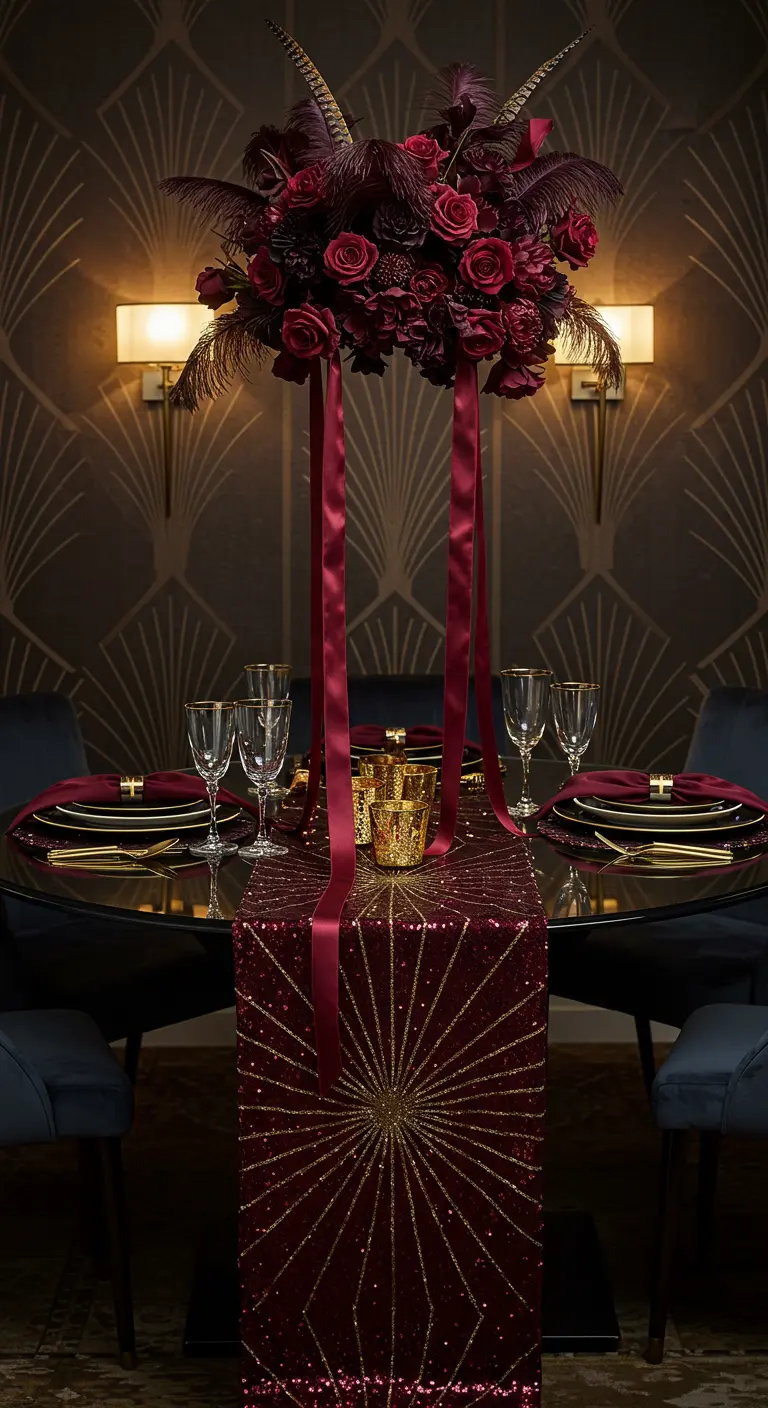 Table de fête Art Déco avec chemin de table bordeaux à motifs dorés et centre de table floral.