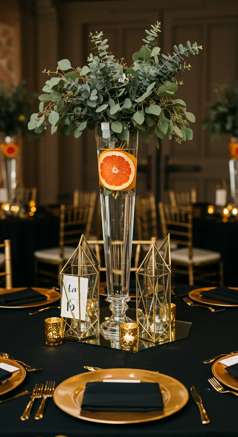 Table noire et dorée avec un haut vase contenant une tranche de pamplemousse.