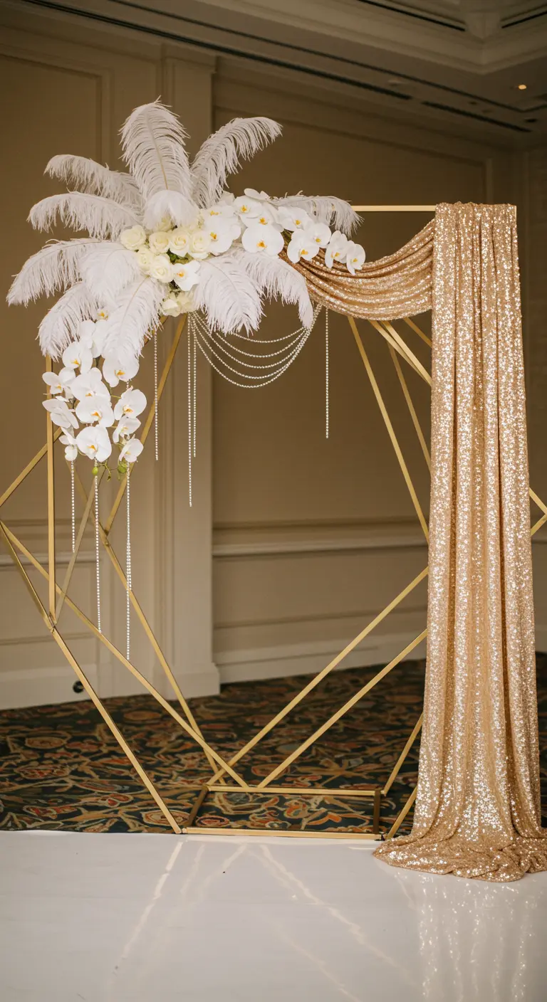Arche géométrique dorée avec plumes blanches, orchidées et sequins.