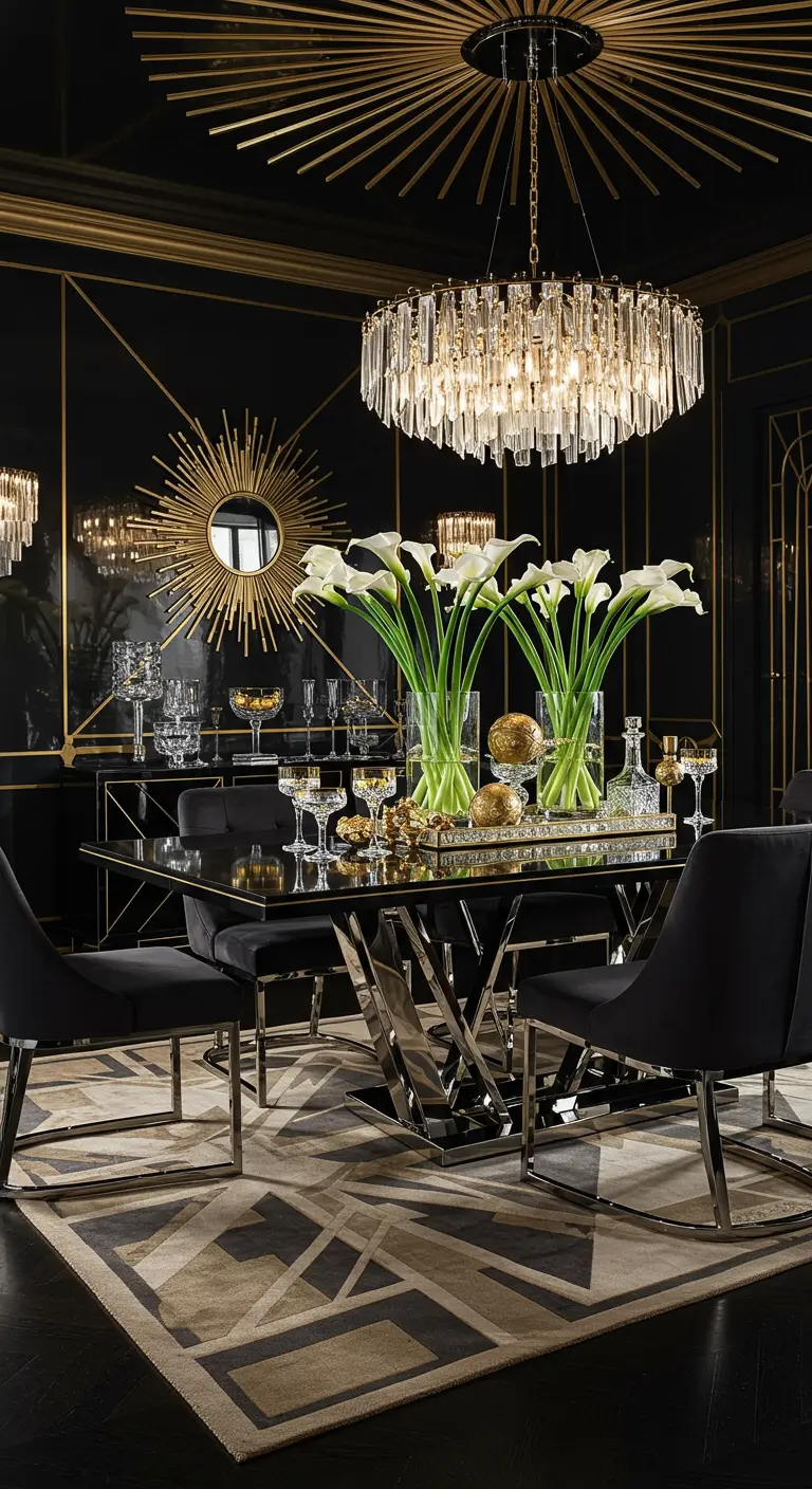 Salle à manger noire et or de style Art Déco avec un centre de table de callas blancs et d'éléments dorés scintillants.