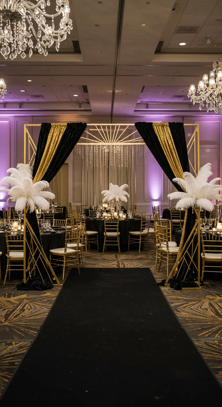 Arche de mariage Art Déco avec cadre doré, velours noir/doré, plumes d'autruche blanches et chandeliers.