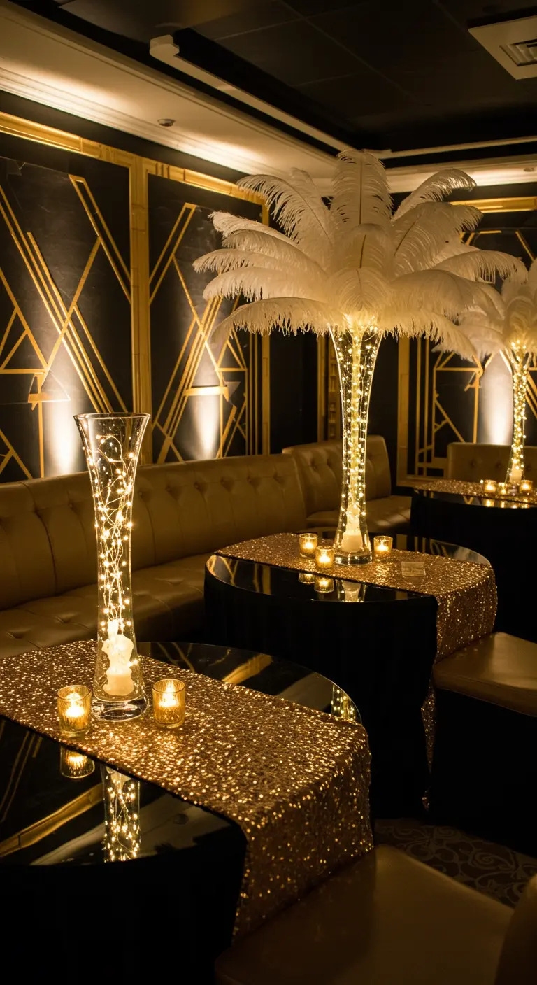 Vases hauts avec plumes blanches et lumières LED, entourés de chemins de table dorés pailletés.