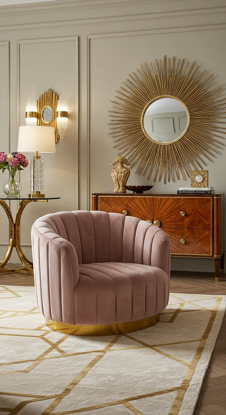 Fauteuil en velours rose poudré avec base dorée et miroir soleil.