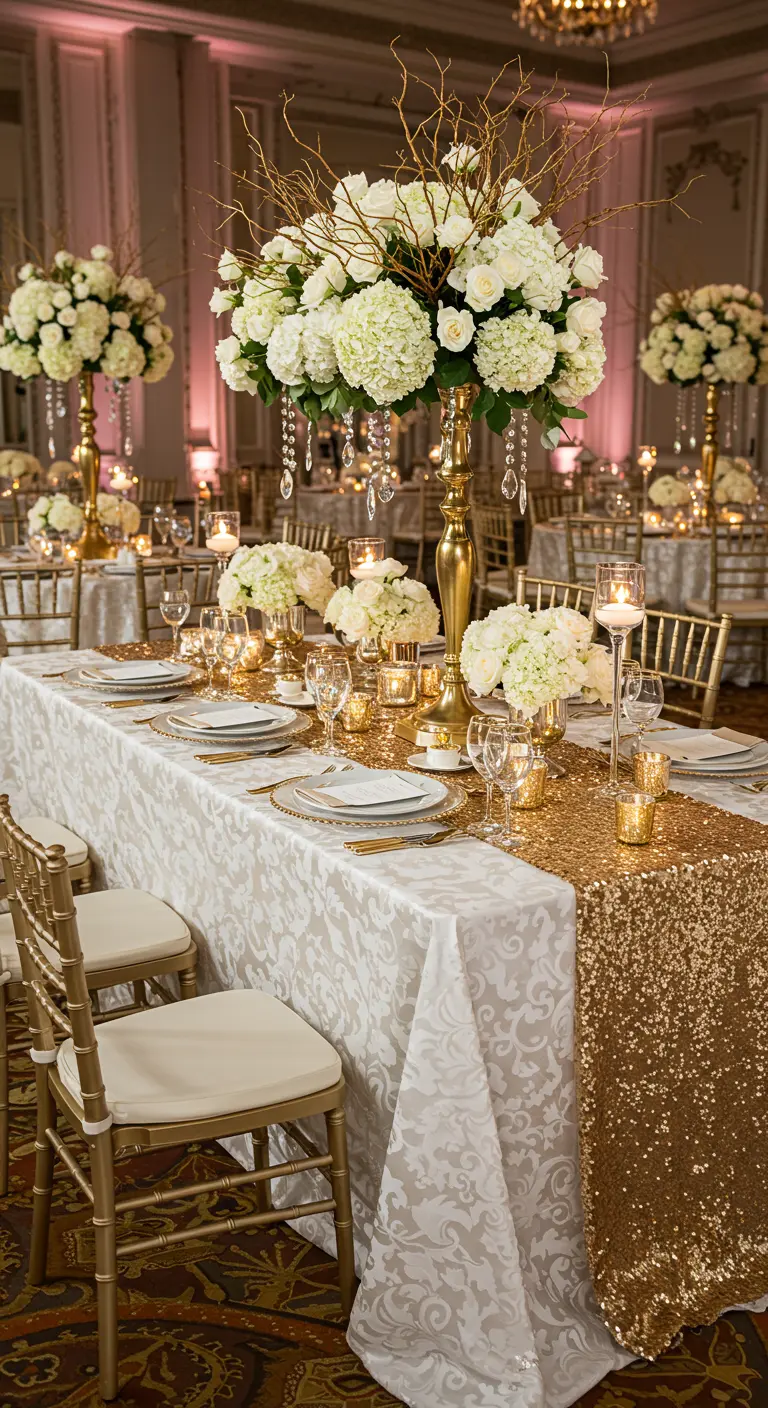 Grande table de réception blanche et or avec chemin de table à sequins, centres de table floraux hauts et bougeoirs.